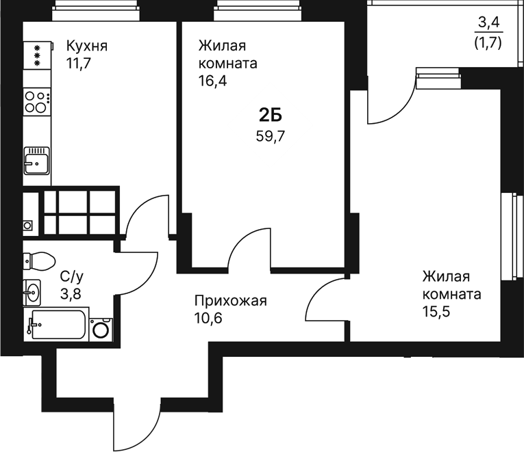 Планировка — Veer Park, 2-комн., 58 м²