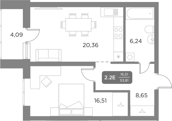 Планировка — Галерея, 2-комн., 52 м²