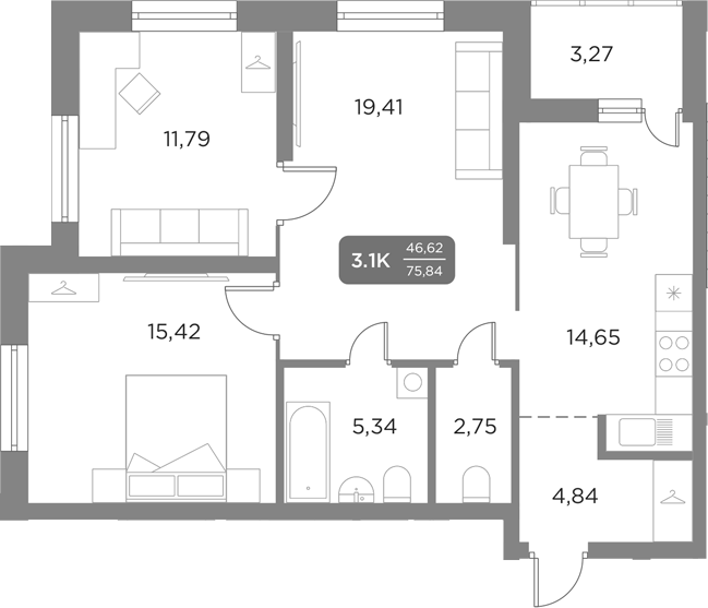 Планировка — Галерея, 4-комн., 74 м²