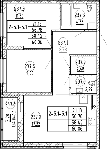 Планировка — Rauta, 3-комн., 57 м²
