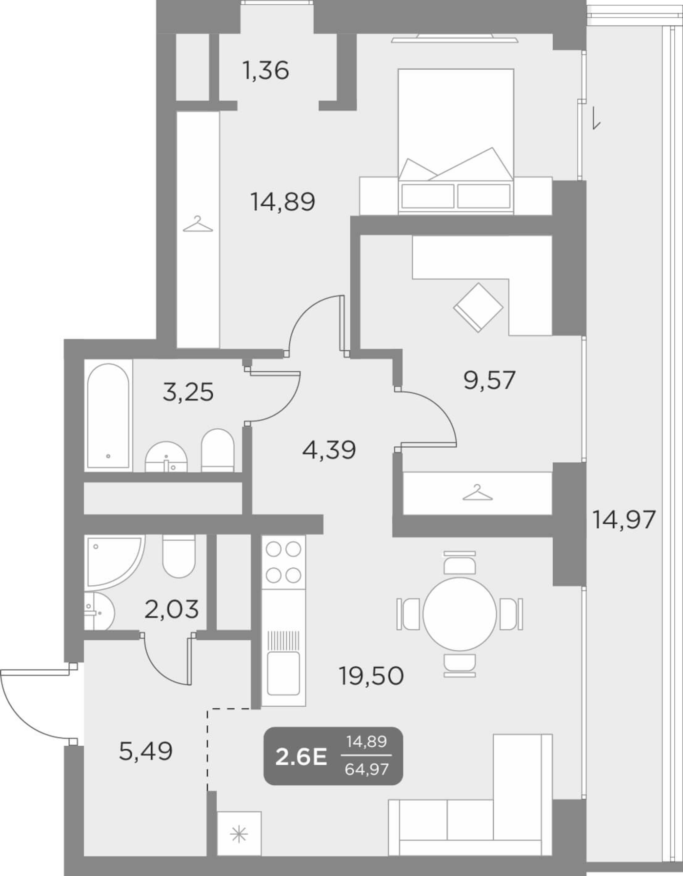 Планировка — Галерея, 3-комн., 69 м²