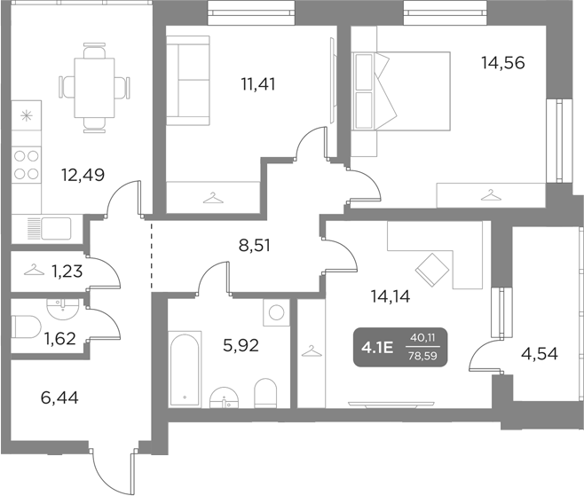 Планировка — Галерея, 4-комн., 76 м²
