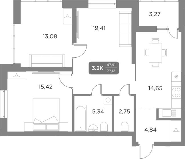 Планировка — Галерея, 4-комн., 75 м²