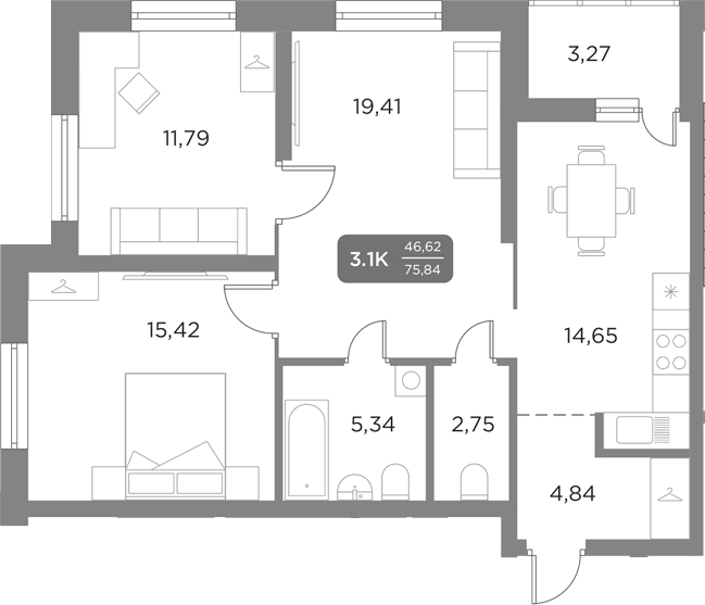 Планировка — Галерея, 4-комн., 74 м²