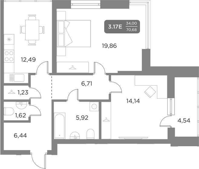 Планировка — Галерея, 3-комн., 68 м²