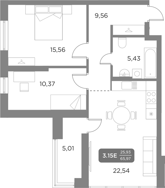 Планировка — Галерея, 3-комн., 63 м²