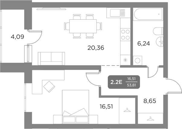 Планировка — Галерея, 2-комн., 50 м²