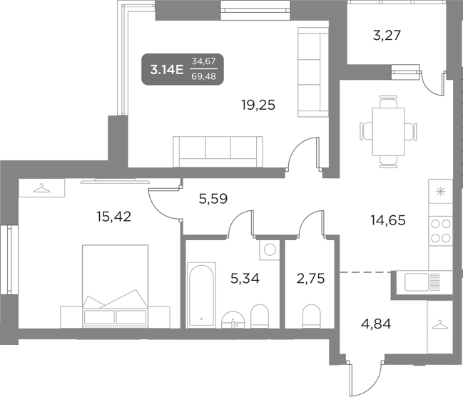 Планировка — Галерея, 3-комн., 68 м²