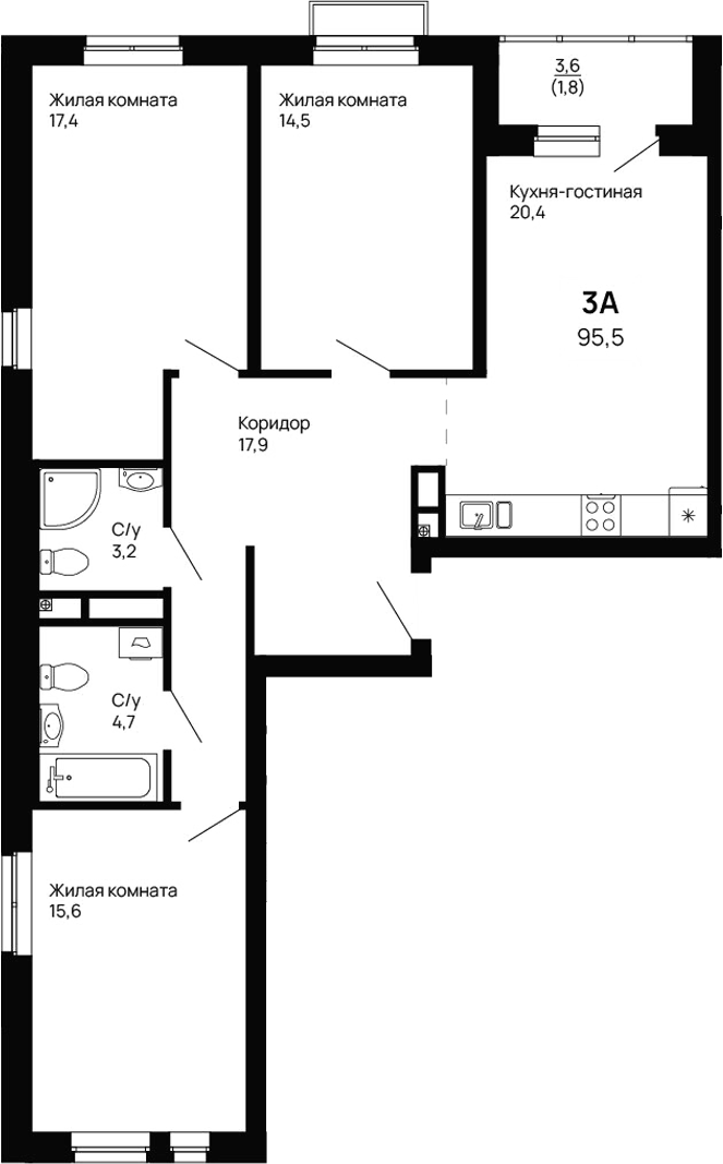 Планировка — Галактика, 3-комн., 94 м²