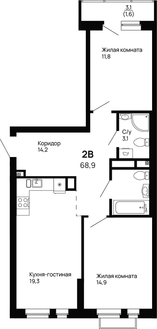 Планировка — Галактика, 2-комн., 67 м²