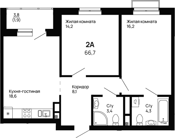 Планировка — Галактика, 2-комн., 65 м²