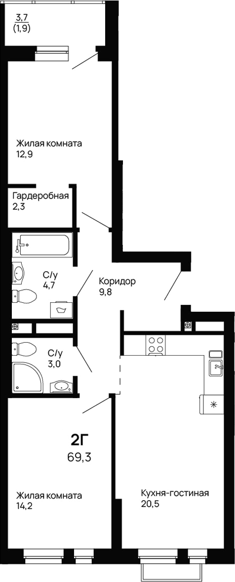 Планировка — Галактика, 2-комн., 67 м²