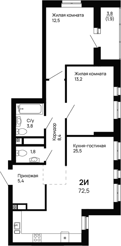 Планировка — Галактика, 2-комн., 71 м²