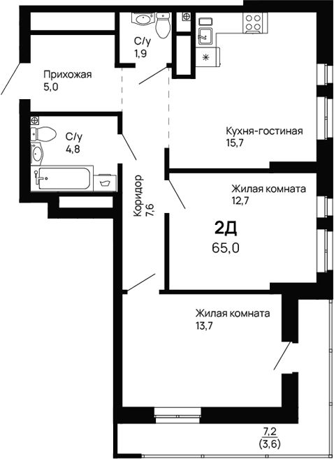 Планировка — Галактика, 2-комн., 61 м²