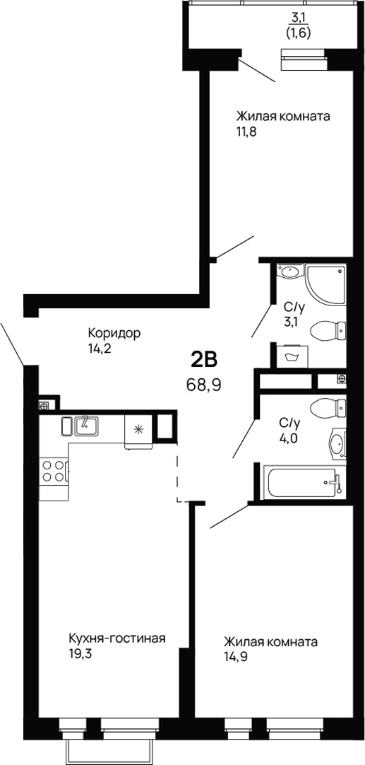 Планировка — Галактика, 2-комн., 67 м²