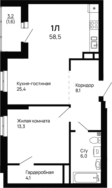 Планировка — Галактика, 1-комн., 57 м²