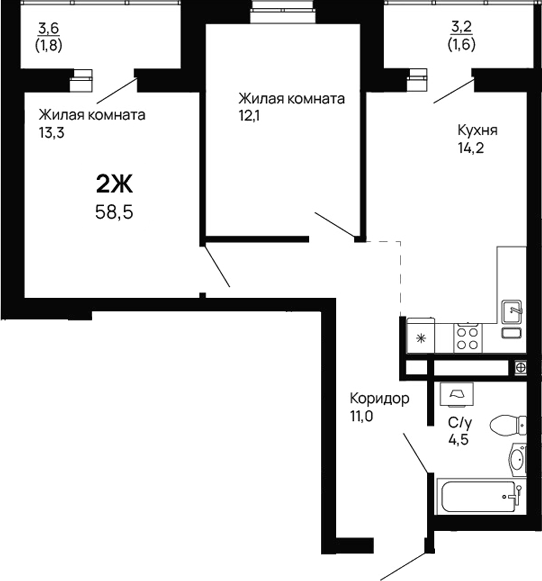 Планировка — Галактика, 2-комн., 55 м²