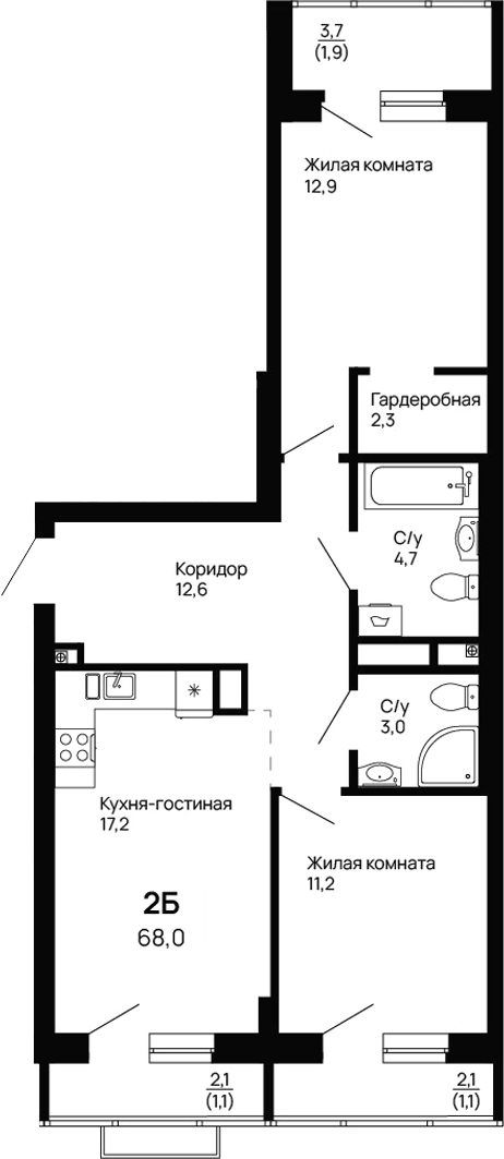 Планировка — Галактика, 2-комн., 64 м²