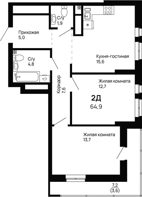 Планировка — Галактика, 2-комн., 61 м²