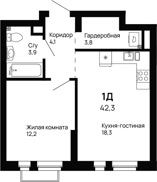 Планировка — Галактика, 1-комн., 42 м²