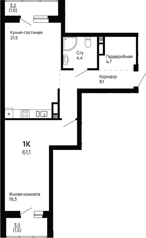 Планировка — Галактика, 1-комн., 58 м²