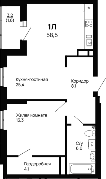 Планировка — Галактика, 1-комн., 57 м²
