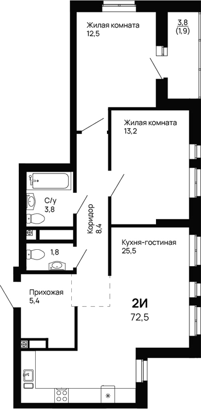 Планировка — Галактика, 2-комн., 71 м²