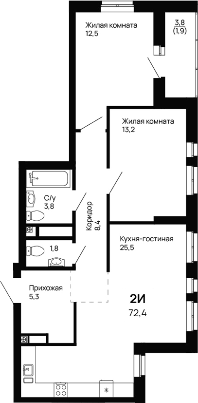 Планировка — Галактика, 2-комн., 71 м²