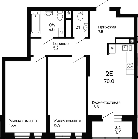 Планировка — Галактика, 2-комн., 68 м²