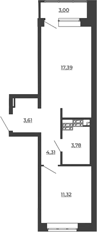 Планировка — СКМ Ривер, 1-комн., 40 м²