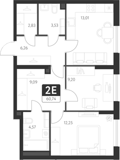 Планировка — Спутник-1, 3-комн., 61 м²