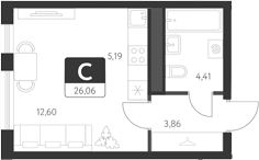 Планировка — Спутник-1, Студия, 26 м²