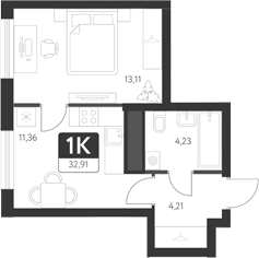 Планировка — Спутник-1, 1-комн., 33 м²