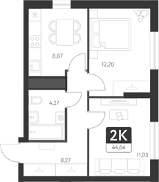 Планировка — Спутник-1, 2-комн., 45 м²