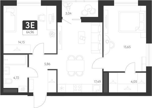 Планировка — Спутник-1, 3-комн., 60 м²