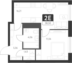 Планировка — Спутник-1, 2-комн., 39 м²