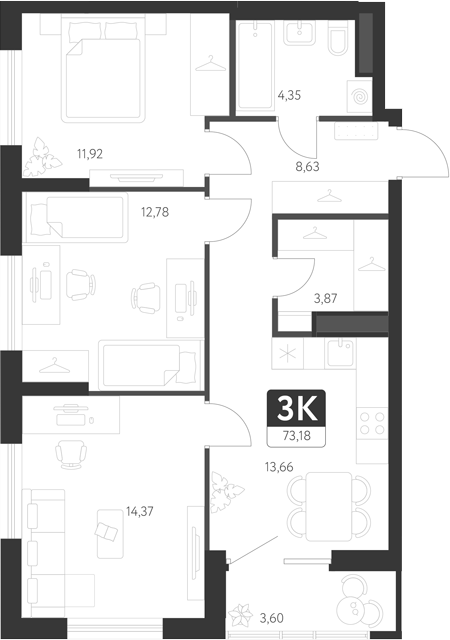 Планировка — Спутник-1, 3-комн., 68 м²