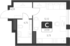 Планировка — Спутник-1, Студия, 27 м²