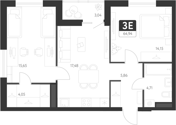 Планировка — Спутник-1, 3-комн., 60 м²
