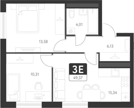 Планировка — Спутник-1, 3-комн., 50 м²