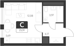 Планировка — Спутник-1, Студия, 26 м²