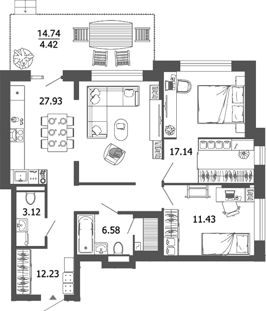 Планировка — Лес, 3-комн., 78 м²