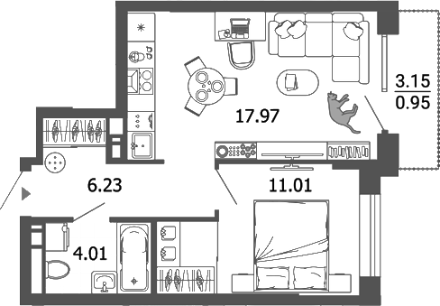 Планировка — Лес, 2-комн., 39 м²