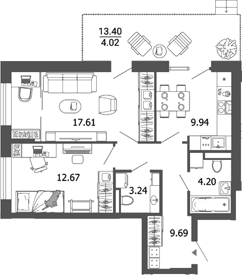 Планировка — Лес, 2-комн., 57 м²