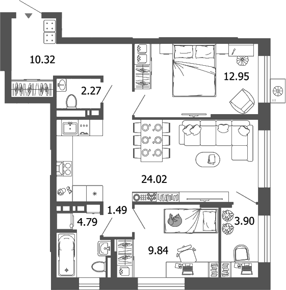 Планировка — Лес, 3-комн., 70 м²