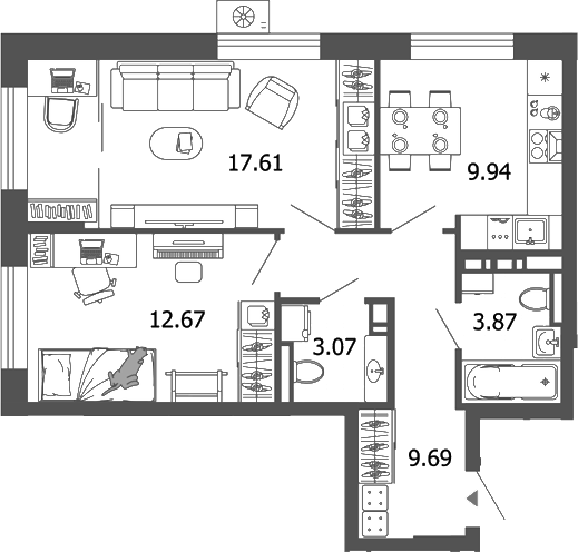 Планировка — Лес, 2-комн., 57 м²