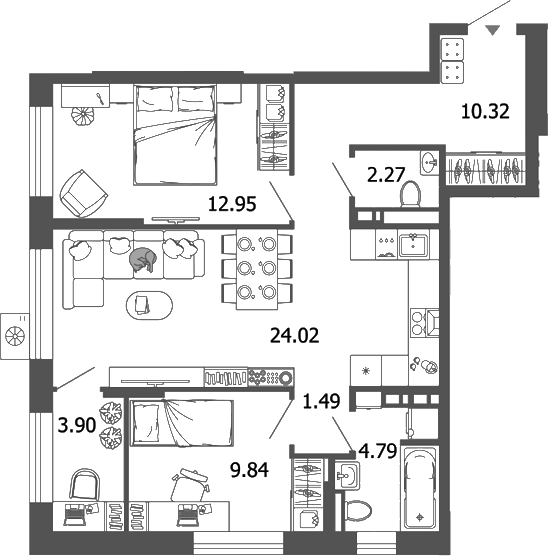 Планировка — Лес, 3-комн., 70 м²