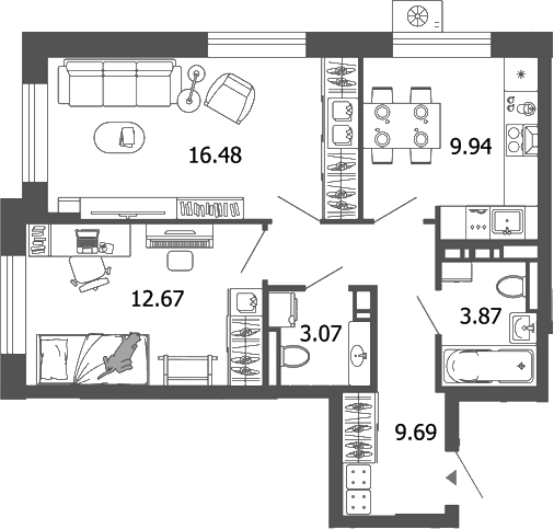 Планировка — Лес, 2-комн., 56 м²