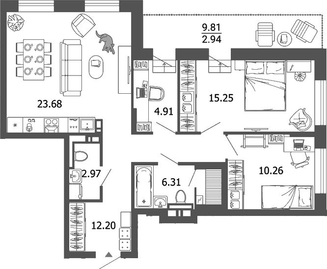 Планировка — Лес, 3-комн., 76 м²
