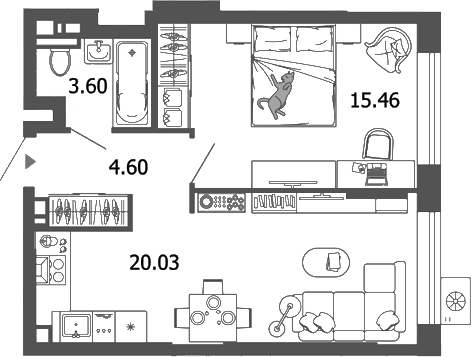 Планировка — Лес, 2-комн., 44 м²